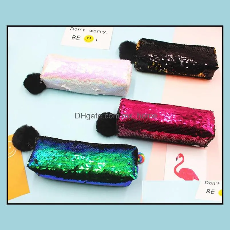 DHL Sequin Pencil Case Sequin Cosmetic Bag Mermaid Spiral Reversible Sequin Student Pencil Case Double Color Zipper Make Up Pouch for