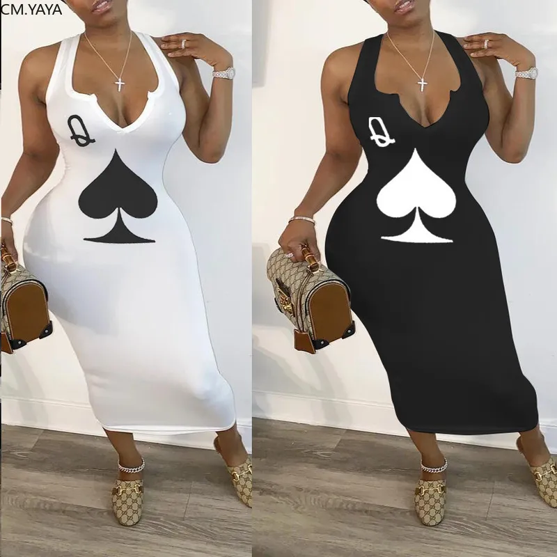 CM.yaya Summer Women Black Queen Poker Card sin mangas Vneck Tank Bodycon Midi Midcalf Dress Club Sexy Party Lápiz Vestidos 210315