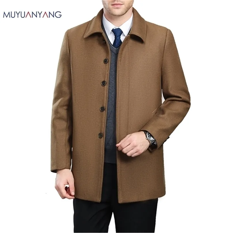 Mu Yuan Yang Primavera y otoño Abrigos de lana para hombres Turn-Down Collar Casual Lana Hombres Chaqueta Medio Largo Mezcla de lana 201223