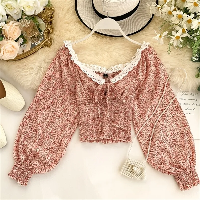 Autumn New Korean Lace Up Chiffon Lace Long Puff Sleeve Struct Crop Crots Tops Mulheres Camisas de blusa de cintura alta LJ200811