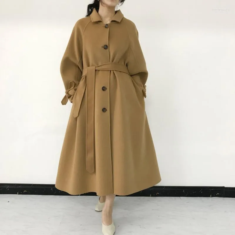 Misto Lana da donna 2022 Autunno Inverno Elegante Trench Oversize Doppio Lato Cappotto Lungo Femminile Con Cintura Manteau Femme Bery22