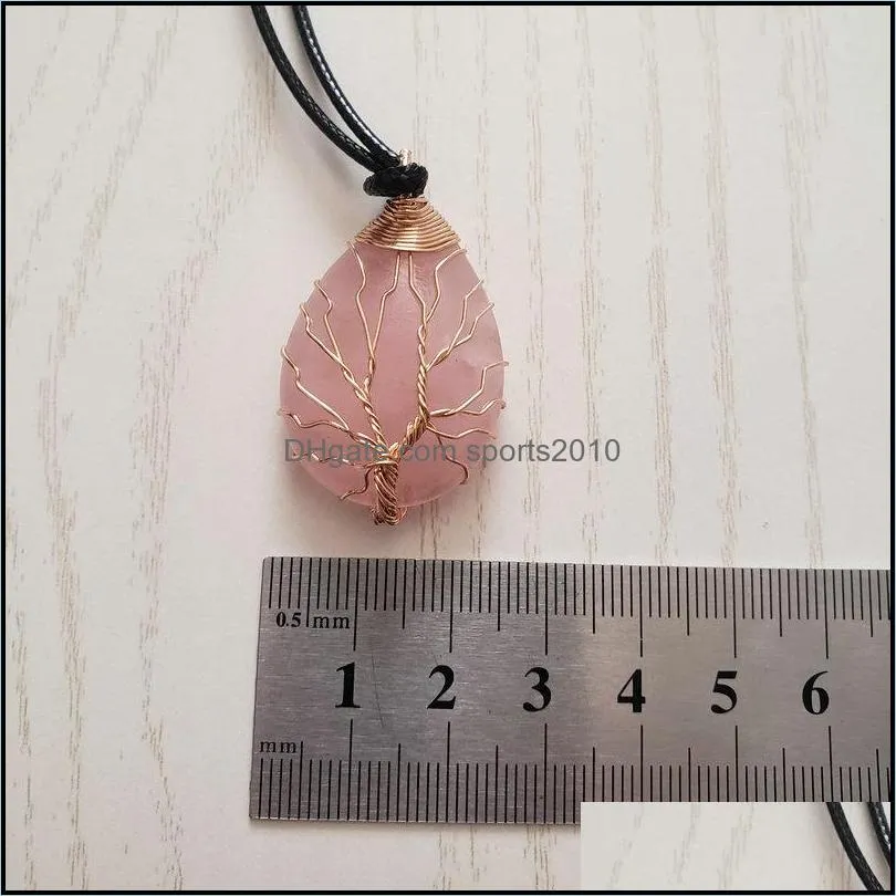 natural agate rose quartz crystal stone pendant wire wrap handmade tree of life drop gold silver color pendant necklace