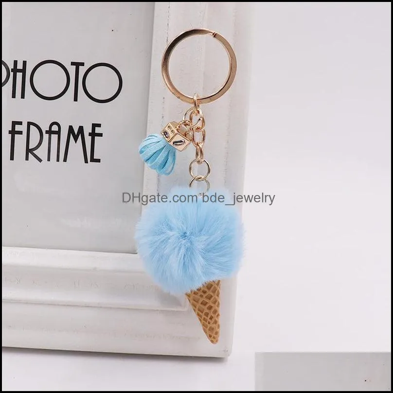 ice cream keychain cute bag cartoon key rings imitation rex rabbit fur plush pendant cone car hair ball bag accessories keychains