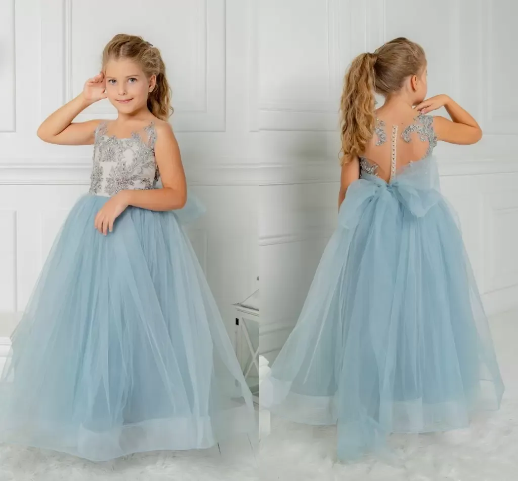 2023 Vestido de flor de flor de renda azul Brows Primeira comunhão do vestido de casamento de tule de tule formal Tulle Vestido de casamento 4-8 anos MC2302