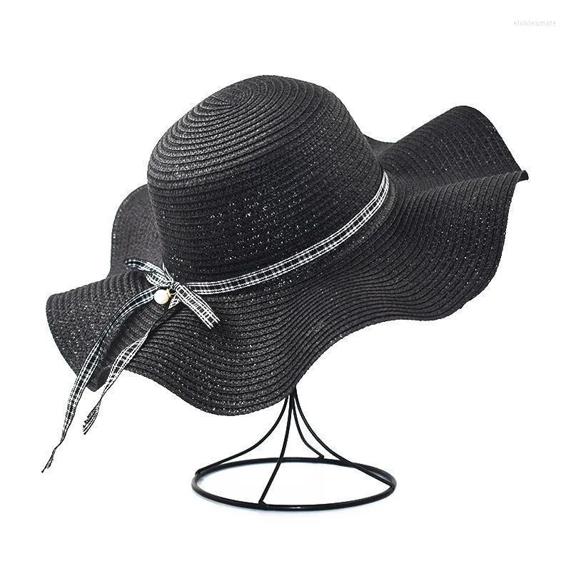 Cappelli a tesa larga stile coreano ondulato grande cappello di paglia con paillettes increspato parasole donna sole bambini tessuto genitore-figlio spiaggia Panama Gorros Elob22