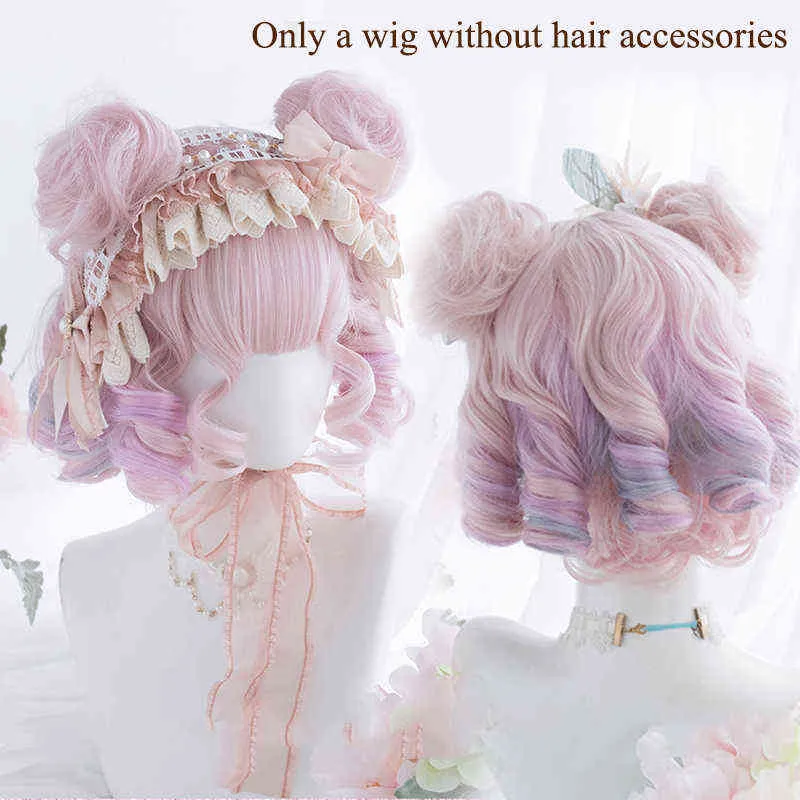 Short Wavy Wig with Bangs Red Green Blonde Purple Pink Synthetic Cosplay Lolita Cute Girl Lady Anime s for Women 220622