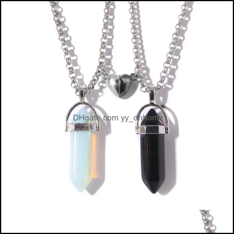 Colares pendentes pingentes j￳ias cristalas naturais quartzo pedra pesco￧o amor cora￧￣o button magn￩tico prisma hexagonal para presentes de amizade para casal