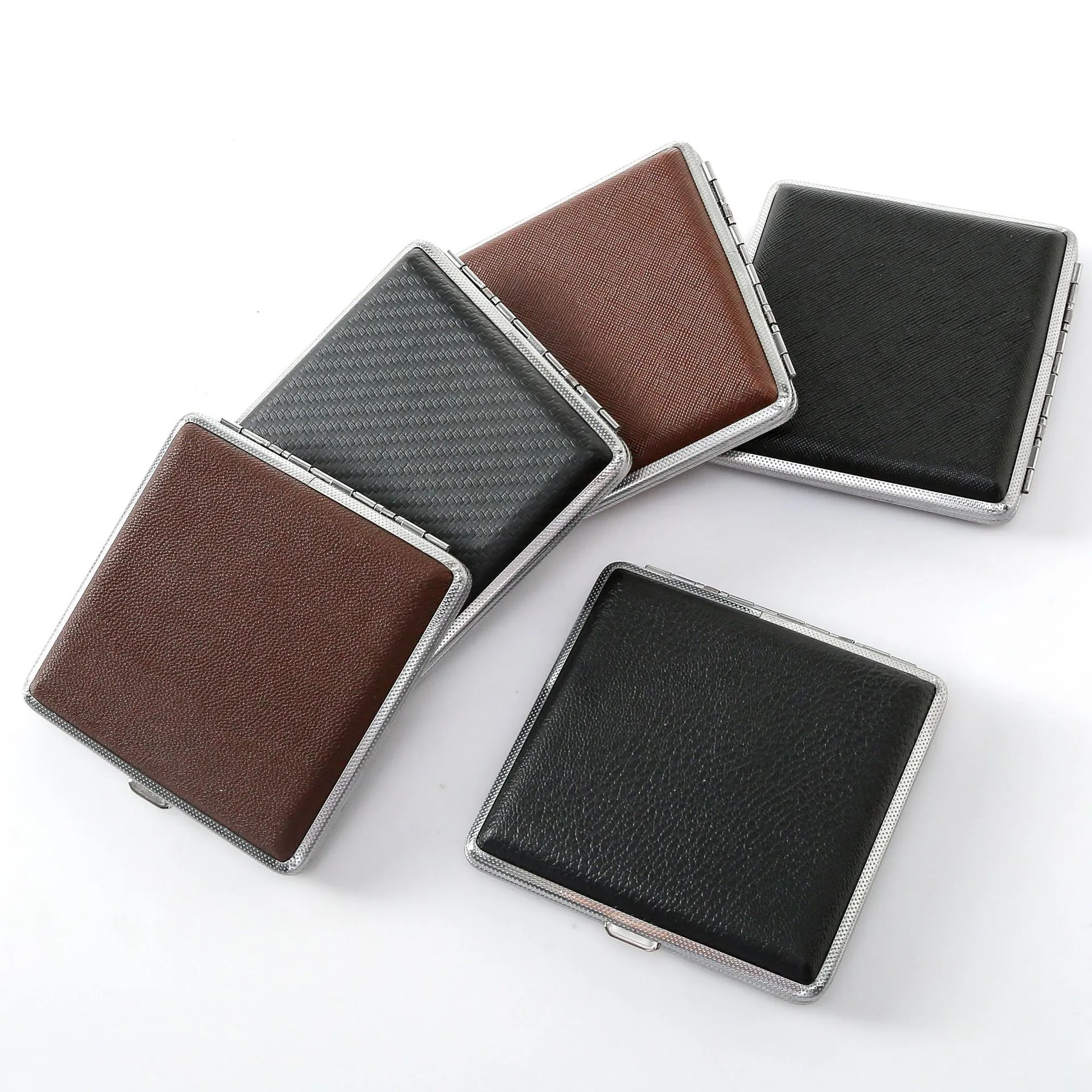 Wholesale Cigarette Cases Luxury Portable PU Leather Metal Tobacco Cigarette Holder Case Box Smoking Accessories