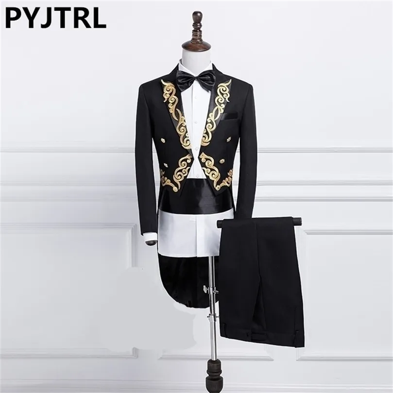 Pyjtrl Male Gold Silver Embroidery Tail Coat Stage Singer Groom Black White Wedding Tuxedos for Men Assume Homme 201128