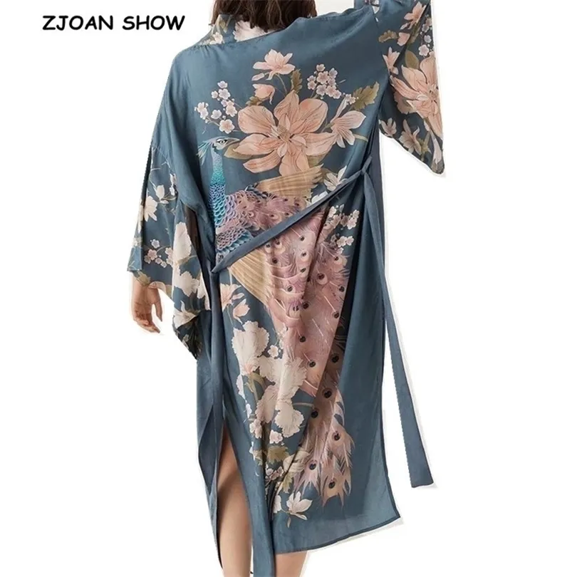 Bohème col en V Paon Fleur Imprimer Long Kimono Chemise Ethnique Nouveau Laçage Ceintures Long Cardigan Lâche Blouse Tops femme T200322