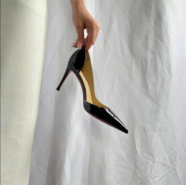Lüks Marka Kadınlar Yüksek Topuk Ayakkabı Alt 8 cm 10 cm 12 cm Ince Topuklu Sivri Burun Ayakkabı Çıplak Siyah Patent Deri Pompalar 44