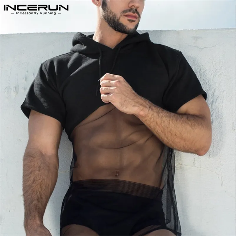 INCERUN Fashion Men T Shirt Hooded Mesh Patchwork See Through Pullovers Short Sleeve Streetwear Sexy Casual Clothing 7 220620