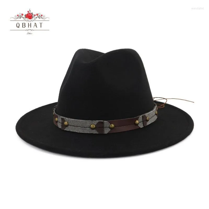 Berets Wysokiej jakości wełna Feel Fedora Hat Black Jazz Caps for Men Women Flat Brim Panama Trilby Fedoras Formalne czapki QB16berets Wend22