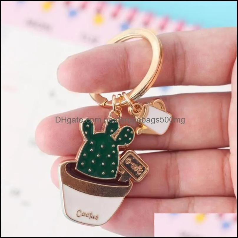 Enamel Cactus keychains women Succulent Potted keychain beach style hat rings creative car key holder cute key finder bag rings 214 S2