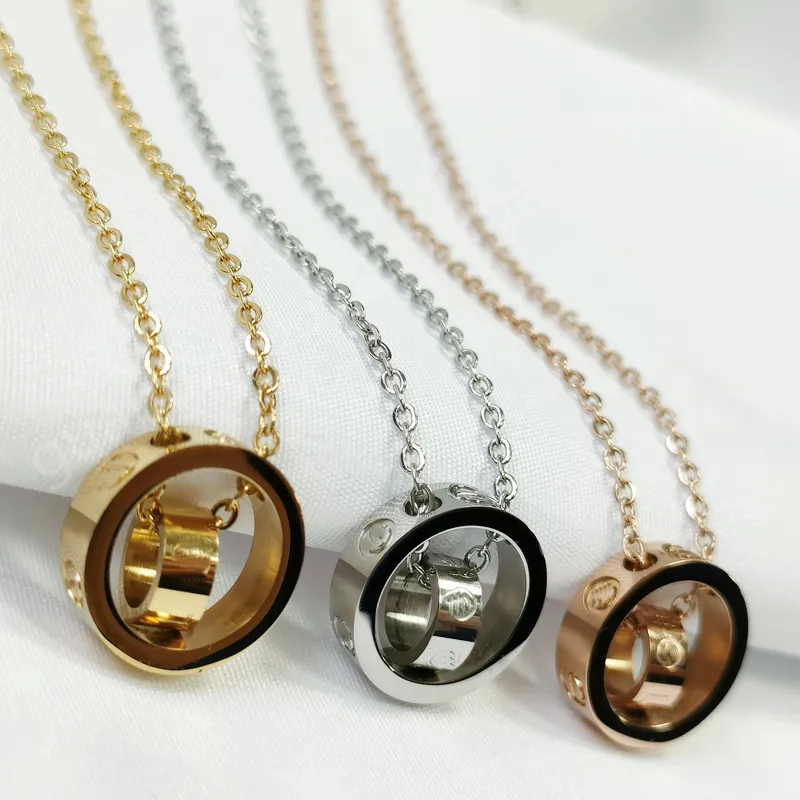 Fashion Designer LOVE Necklaces Dual Circle Pendant Rose Gold Silver For Women Lover Neckalce Jewelry T111