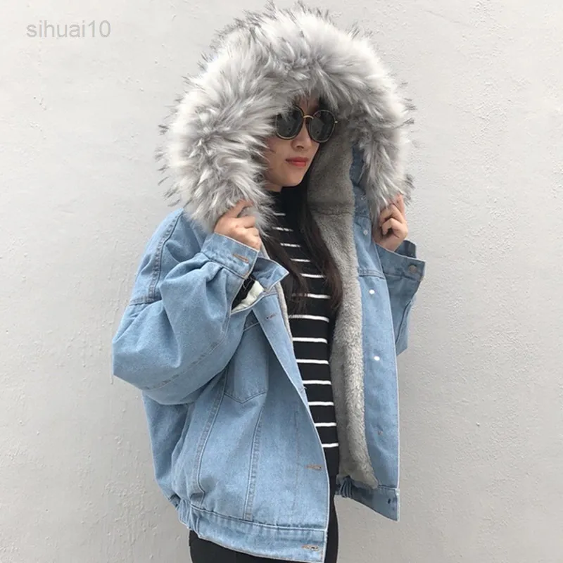 QINGWEN WOMEN WINTER NEW FASHION FUR COLLARパーカーパッド入りジャケットの厚さとフリースデニムジャケット女性爆撃機ショートジャケットL220725