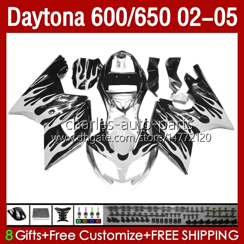 Silver flames Fairings Kit For Daytona 650 600 CC 02 03 04 05 Bodywork 132No.71 Cowling Daytona 600 Daytona650 2002 2003 2004 2005 Daytona600 02-05 ABS Motorcycle Body