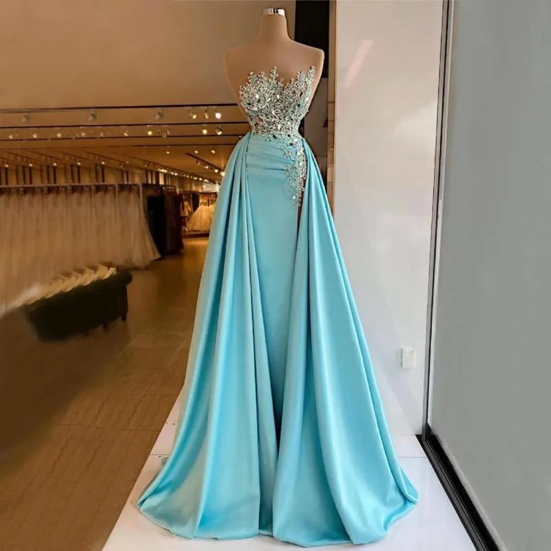 Mermaid Light Blue Prom Dresses With Illusion Jewel Neckline, Beaded  Detachable Train, Side Split, Satin Pleated Perfect For Formal Evening  Events From Weddingsalon, $115.01