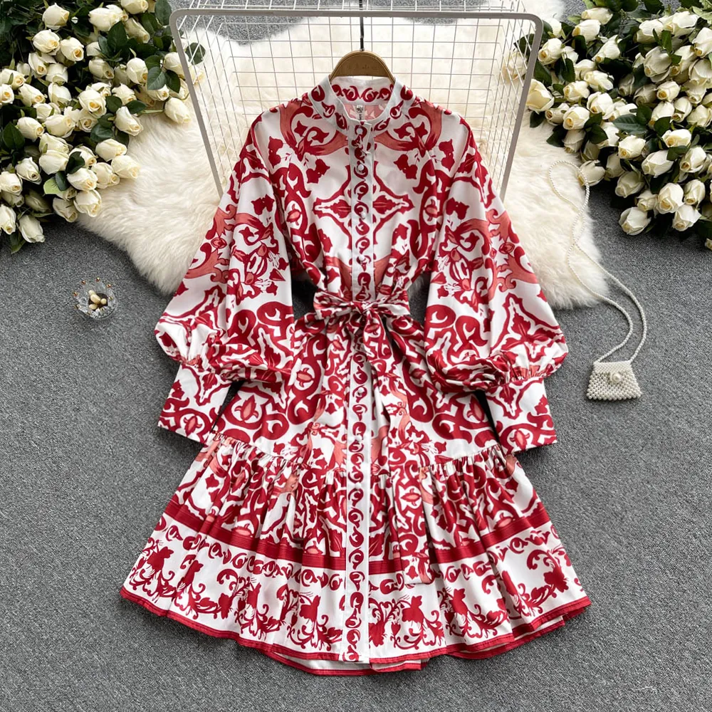 Palace Retro Dress 2023 Spring and Autumn New Stand-Up Collar Print Lantern Sleeve Midje slipsar med en breasted skjorta kjol