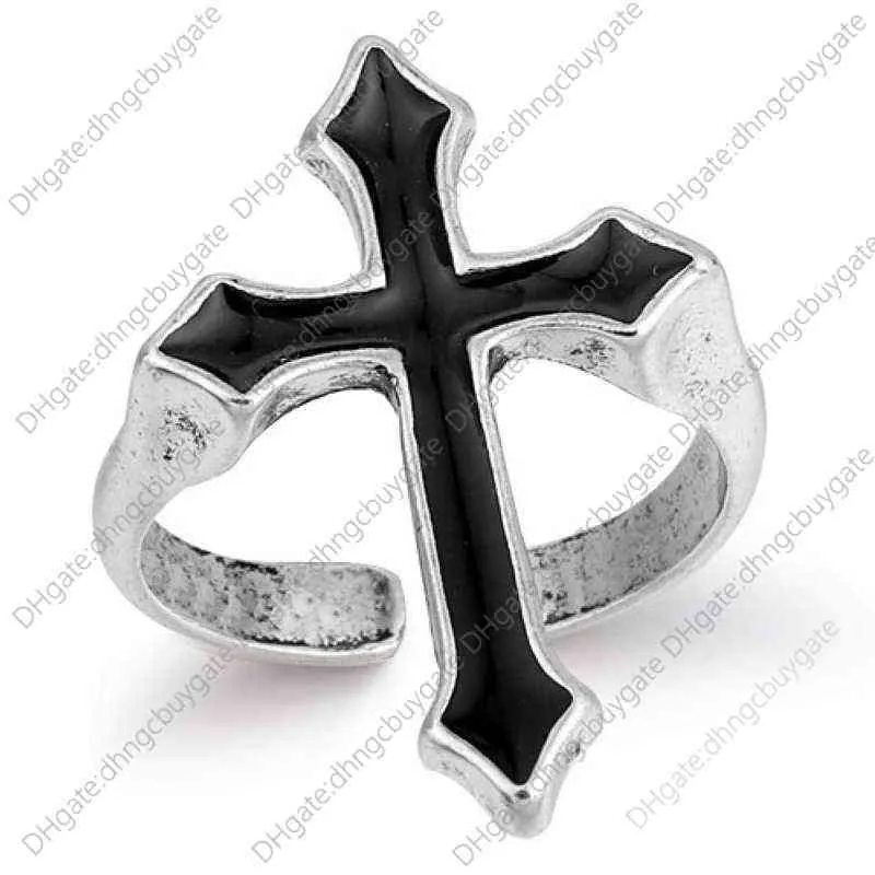 Harajuku vintage svart stor kors öppen ring för kvinnor fest smycken män gotiska metall färgfinger grossist