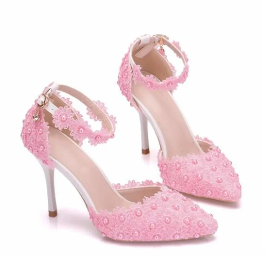 Sandales à talons hauts et perles en dentelle rose et blanche pour femmes, chaussures de mariage à bout pointu, stiletto, nouvelle collection 2022