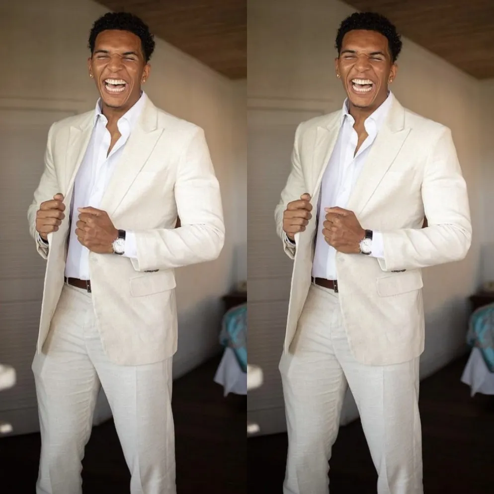 Smoking da sposa beige 2022 Abiti estivi da spiaggia da uomo in lino Abbigliamento da sposo Boho Party Abiti formali da bestman Blazer Holiday Engagement