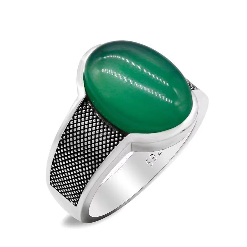 Klusterringar Sterling Silver Men's Green Agate Ring Stor Natural Stone Retro Punk Jewelry Men No. 7-13 Cluster