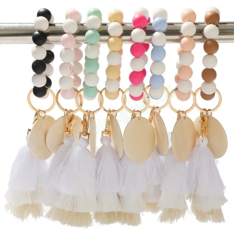 Pead Wood Armband Smycken Party Favor Fashion Silicone Beaded Tassel Beadeds Keychains Färgglada Fringe Armband Bangle Wrist Key Ring Pendant Bag