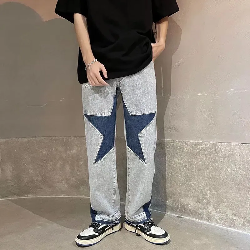 Harajuku estrelas bordado retalhos reto alargamento calças de brim masculinas y2k retro rasgado oversized casual denim calças 0615