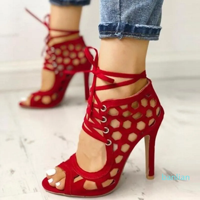 Dress Shoes Women Summer High Heel Sandalen Peep Toe Hollow-Out Stilettos Gladiator Gesneden mode casual feest plus size pumps2022