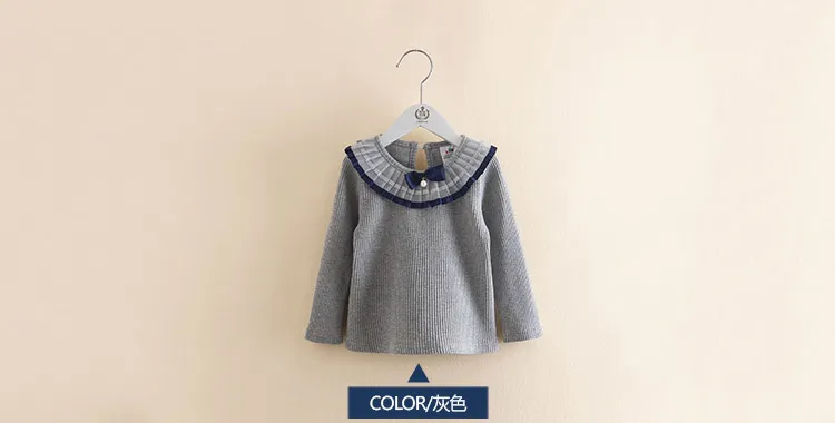 2018 Spring Autumn 100% Cotton White Grey Pink Solid Color Long Sleeve Pleated Turn-Down Collar Neck T Shirt For Girls 10 Years (2)