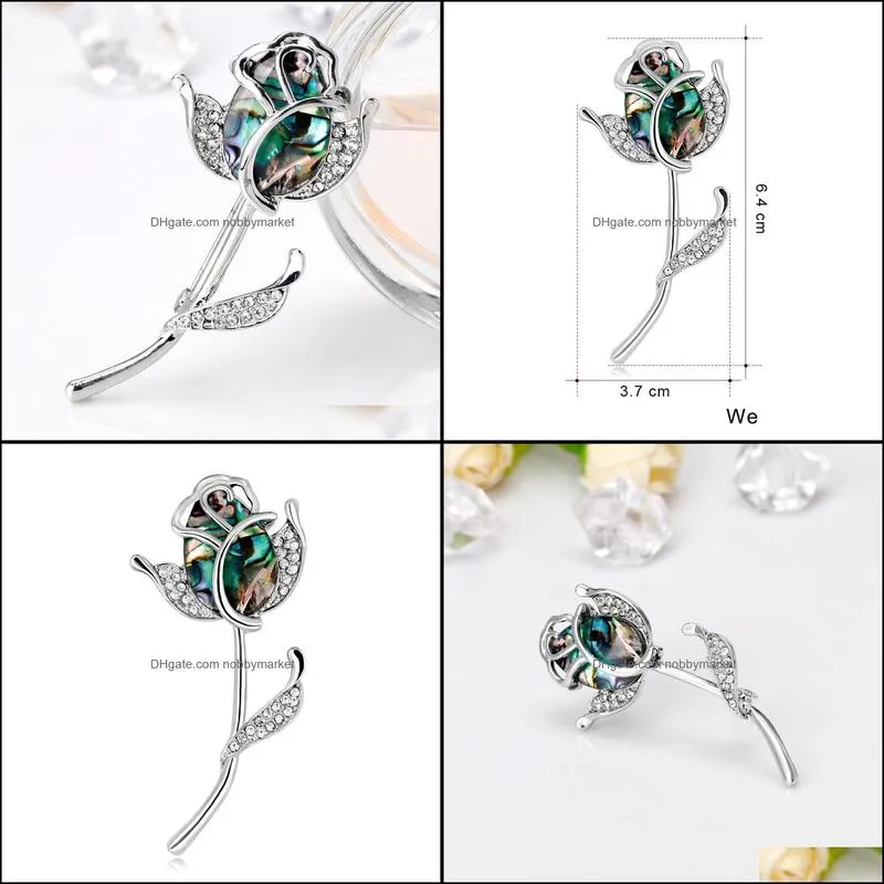 Rose Brooch Fashion Shell Crystal Embellish Flower Brooches for Women Wedding Corsage Pins Jewelry