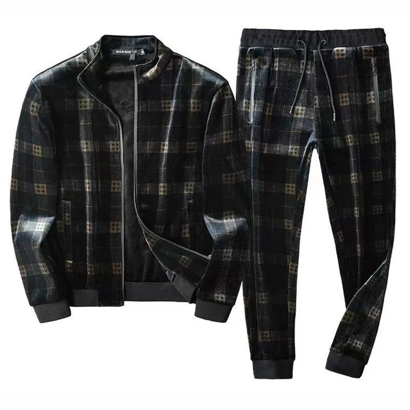 Survêtements pour hommes Vêtements d'automne et d'hiver pour hommes européens Épaississement en velours doré Plus Costume à glissière Plaid Sports Loisirs Deux pièces SuitMe