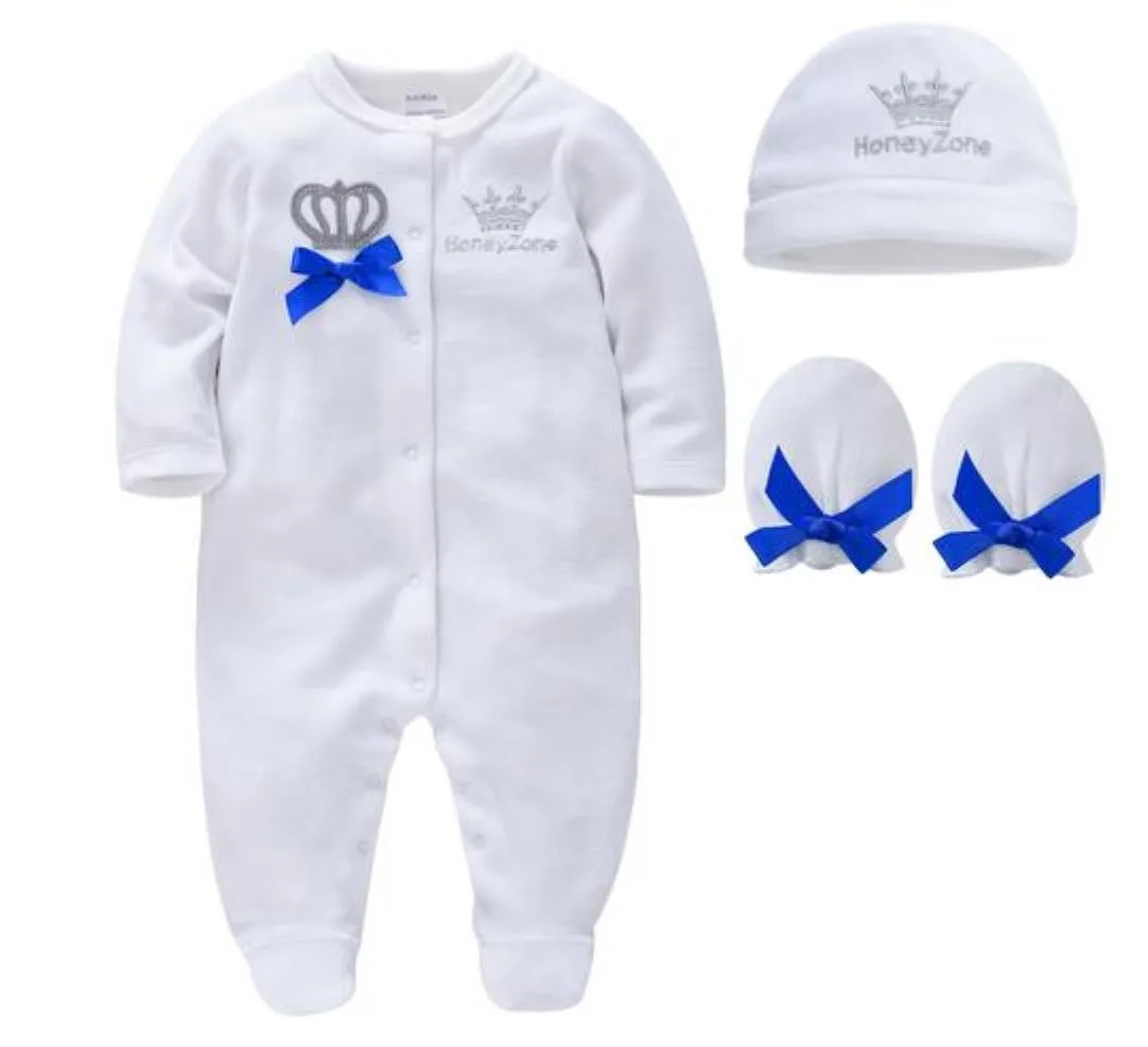 Kledingsets Baby Kids Baby Zwangerschap Rompers Girls jongens baby katoenen kleding 4 stks set hoed schoenen handschoenen welkom pasgeboren kroon sieraden a