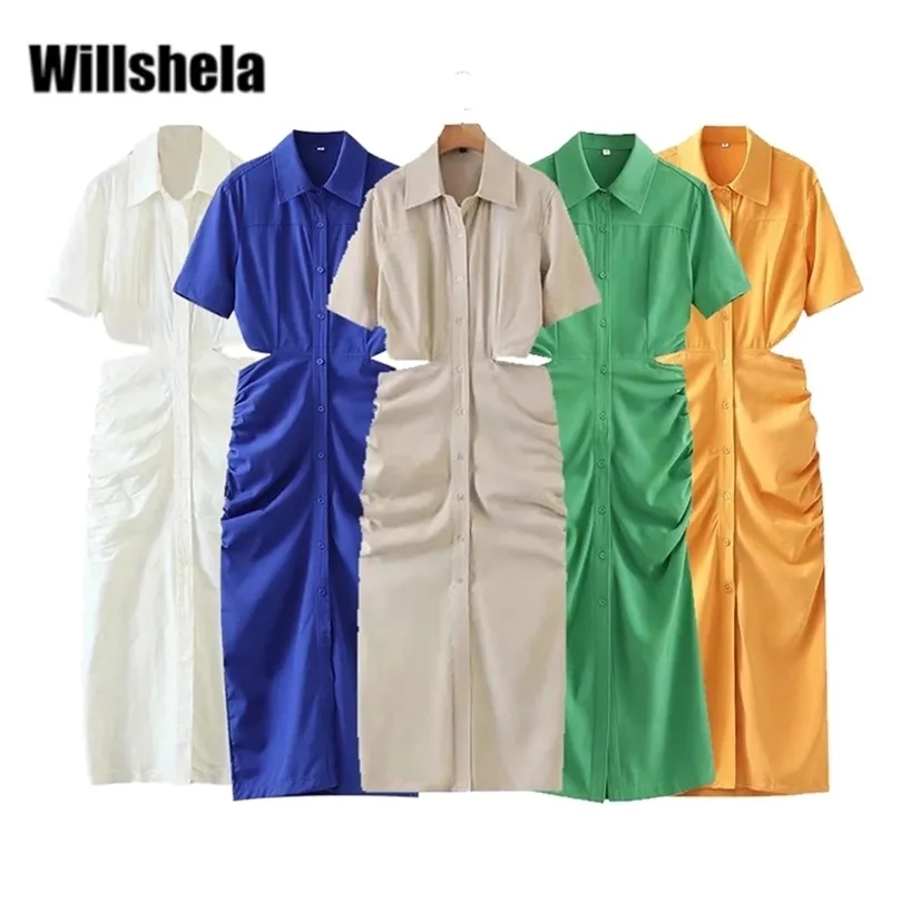WillShela Summer Shirt Dres Taille Cut-Out Korte Mouwen Midi Jurk Fashion Design Sexy Elegante Bodycon Femme Robe 220423