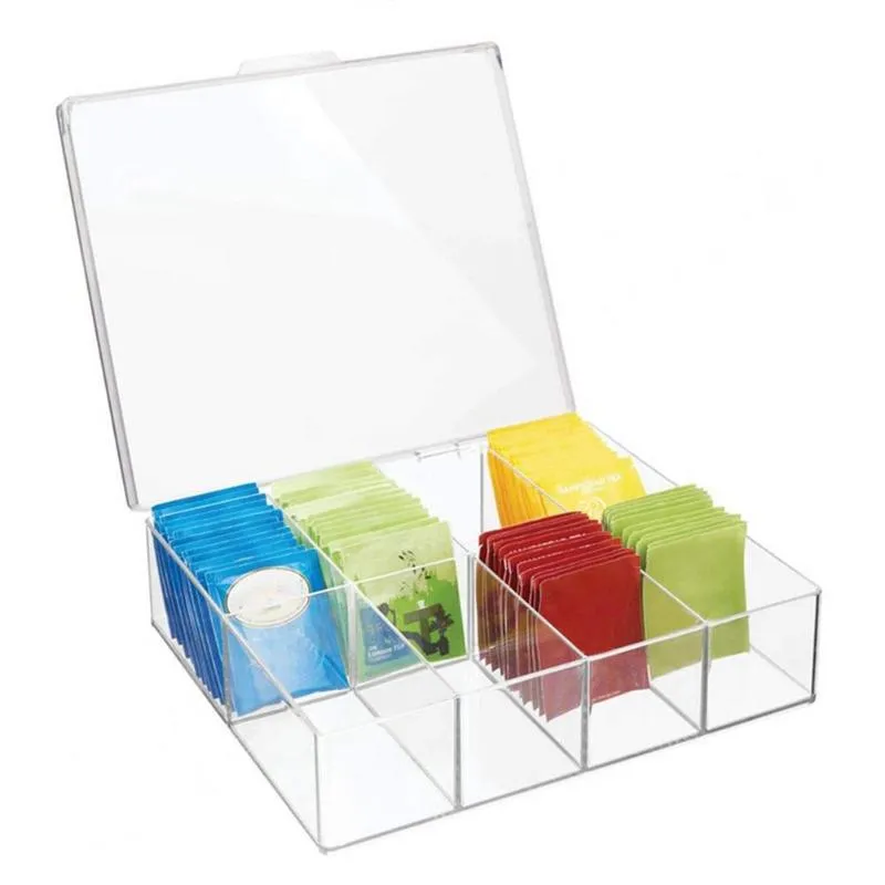 Cassette di stoccaggio bins trasparenza in plastica 8 griglie scatole alimentari impilabili con borsetta da tè organizzatore di ordinamento della cucina con copertina a prova di polvere