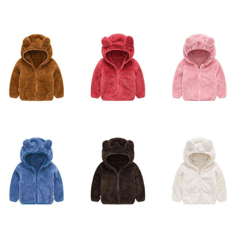 Bebé niñas abrigo niños suéter de lana chaqueta conejito oreja ropa con capucha niños color sólido traje engrosado tops niños 1-5 años J220718