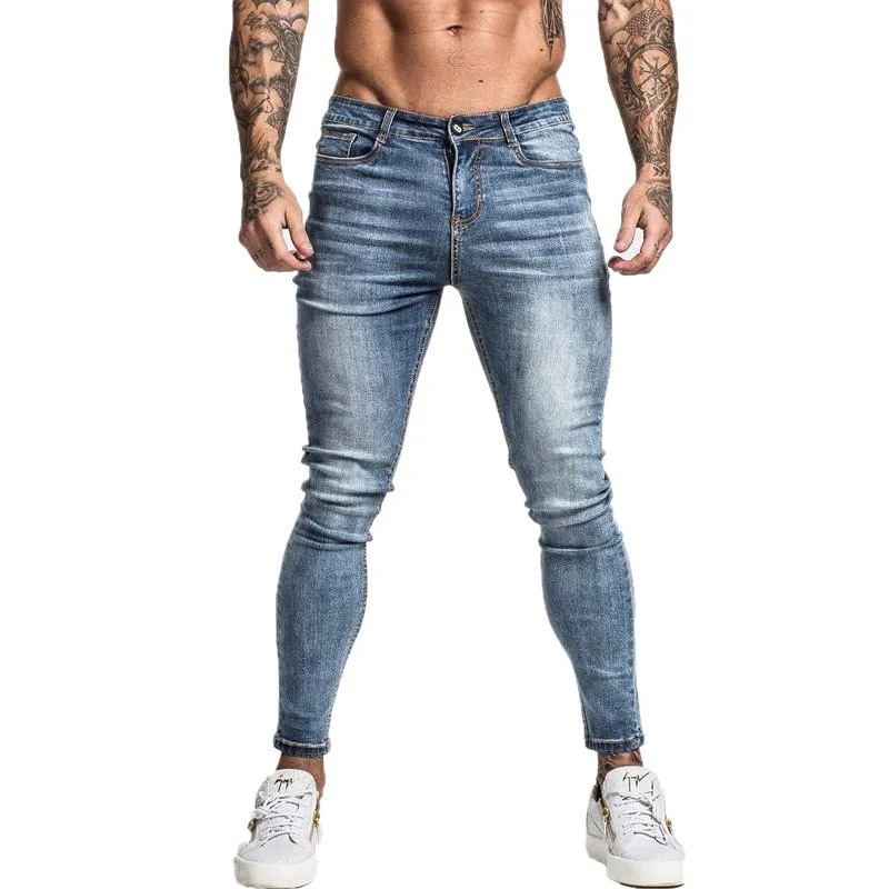 Men's Jeans GINGTTO Men Elastic Waist Skinny Stretch Ripped Pants Streetwear Mens Denim Blue