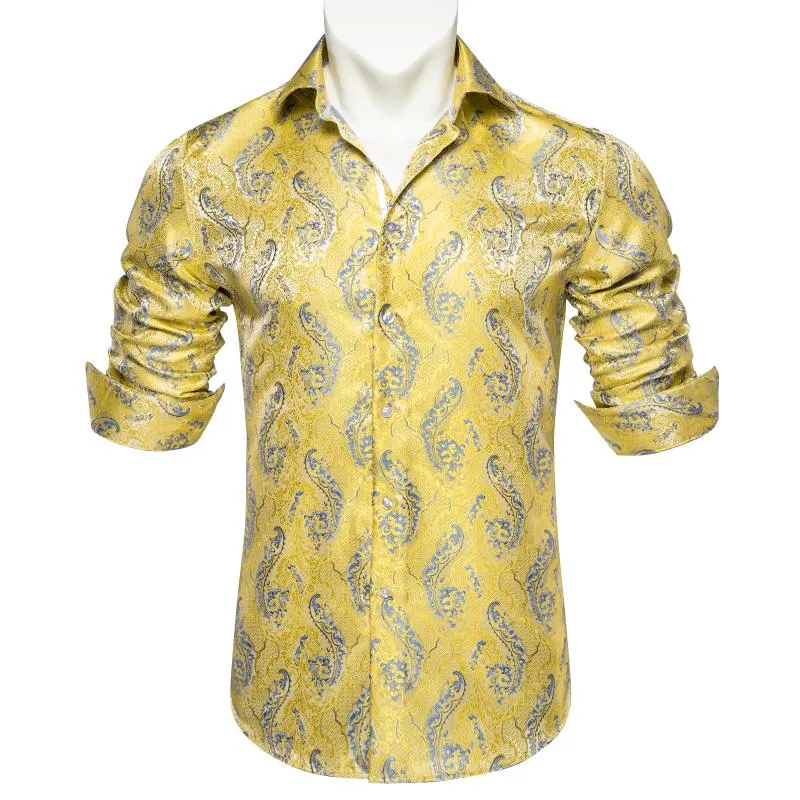 Casual shirts voor heren heren met lange mouwen Paisley Office Business Slim Fit Dress Luxury Yellow Silk Blouse Club Prom Shirtmen's