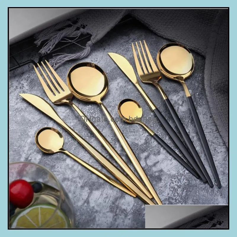 Gold Cutlery Set Dessert Spoon Fork Knife Coffee Spoons Frosted Stainless Steel Food Western Tableware Steak Cutlerys 22Cm Drop Delivery 202