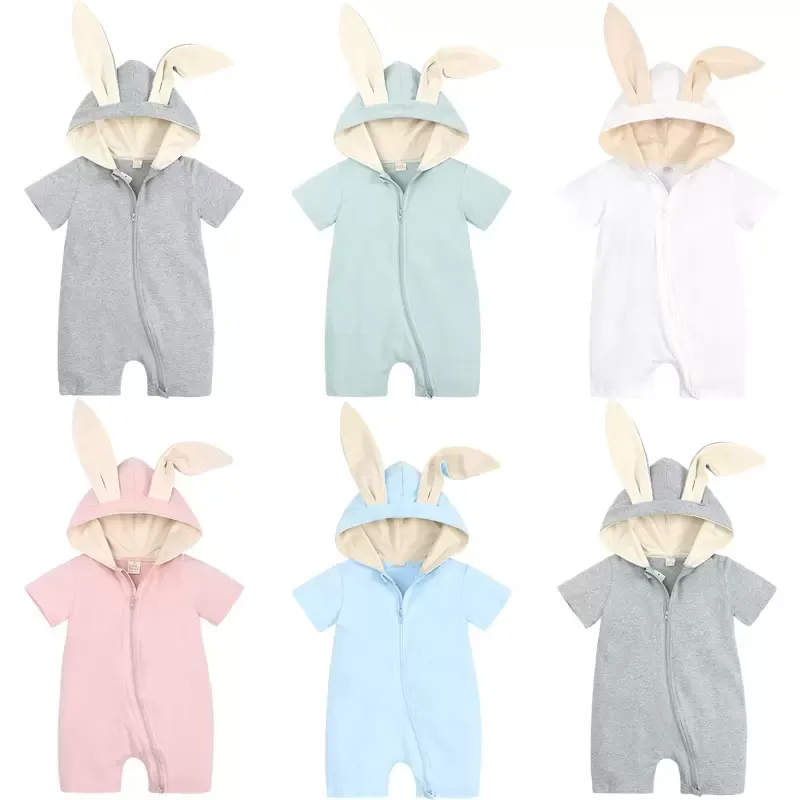 Adorable Summer Bunny Ears Romper Onesie With Hoodie And Zipper Short Sleeve, Long Ear, Solid