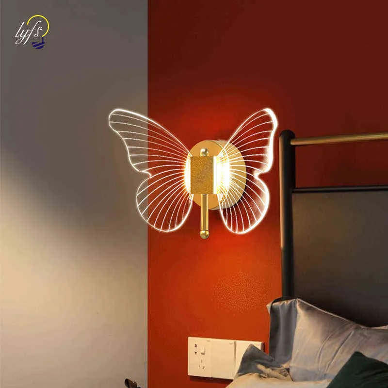 LED Butterfly vägglampa Inomhusbelysning Lampra Hem Sovrum Bedside Vardagsrum Dekoration Trappa Ljus Iluminação Interior H220420