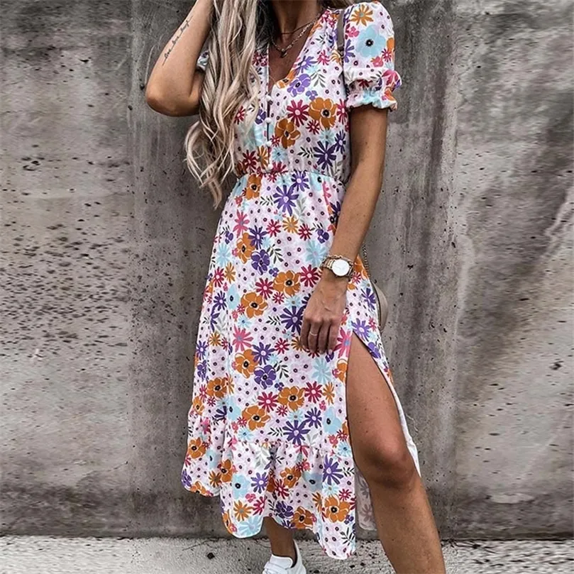 Summer V Neck Floral Print Party Dress Women Vintage Short Sleeve Midi Dress Spring Pocket Pock Plus Plus Size Aline Dress NS5150 220615