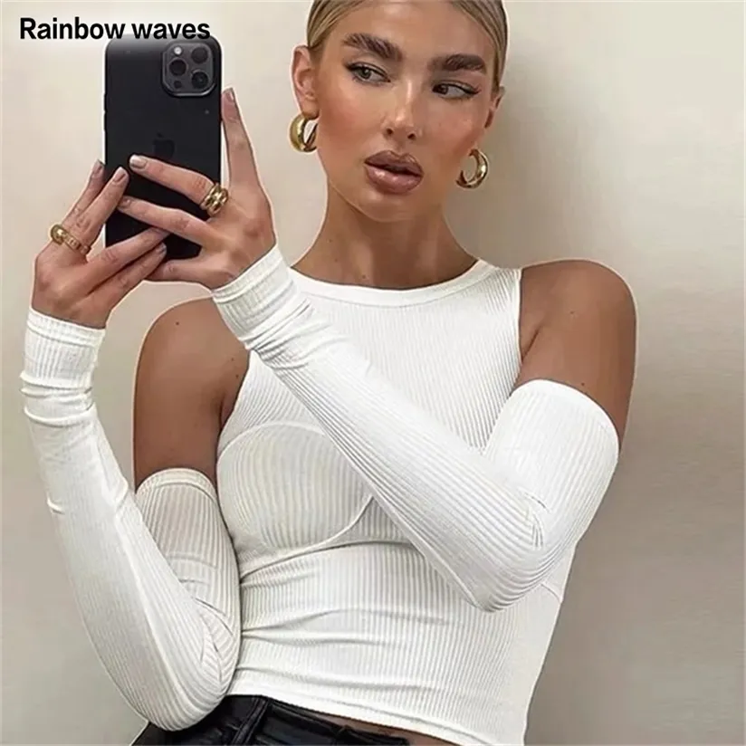 Rainbowwaves Femme T-Shirt Côtelé Tricoté Solide Slim Gants Casual Manches Longues Tee Design Mode Sexy Noir Blanc Tops 220328