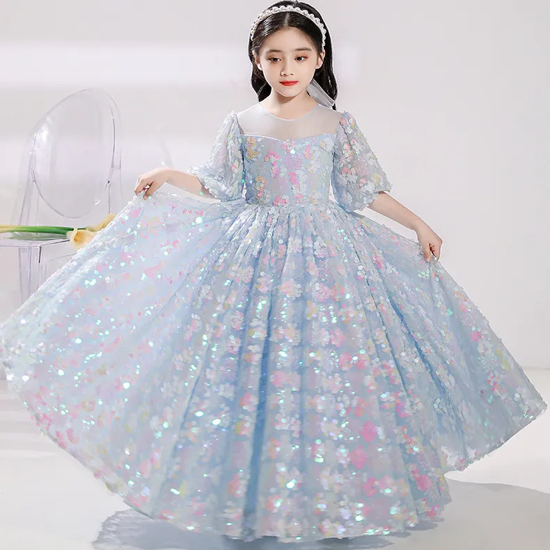 Blue Sequined Ball Gown Flower Girl Dresses Lace Applique O Neck Rhinestones Kids Pageant Dress Floor Length Girl's Birthday Party Gowns