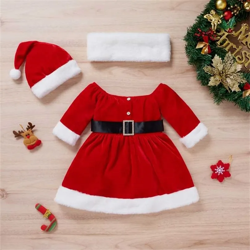 Mababy 6m-4Y bébé enfant filles robe de Noël flanelle à manches longues tutu chapeau avec balle écharpe tenues de Noël DD43 211018