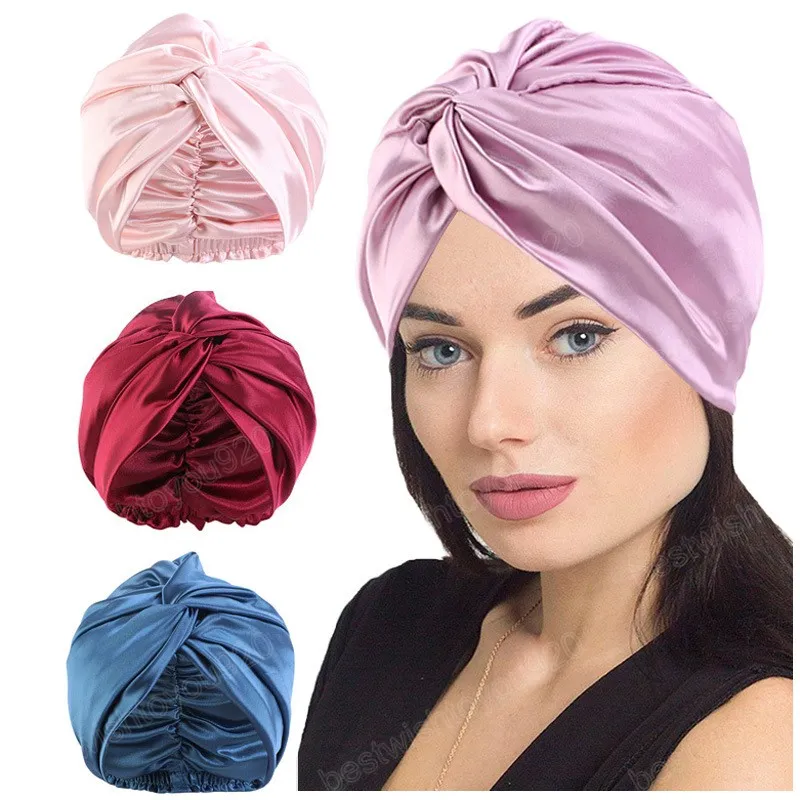 Fashion Cross Satin Bonnet Double Layer Beanie Cap Femme Sleep Cap Women Shower Caps Beauty Makeup Hat Nightcap