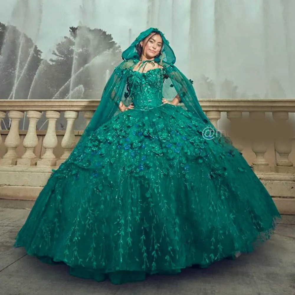 Verde esmeralda ombro a ombro 3D flores vestido de baile vestidos quinceanera com capa cristal renda espartilho doce festa de 15 meninas
