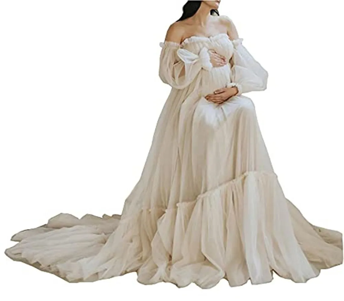 Servizio fotografico Wraps Dress Premaman Tulle Robes Servizio fotografico Off The Shoulder Ladies Accappatoio gonfio per baby shower Realizzato su misura