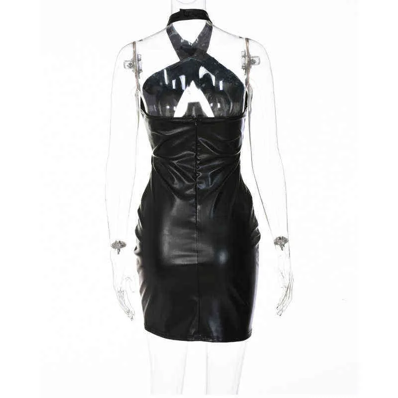 Sexy Black PU Leather Bodycon Dress With Cross Wrap Halter And